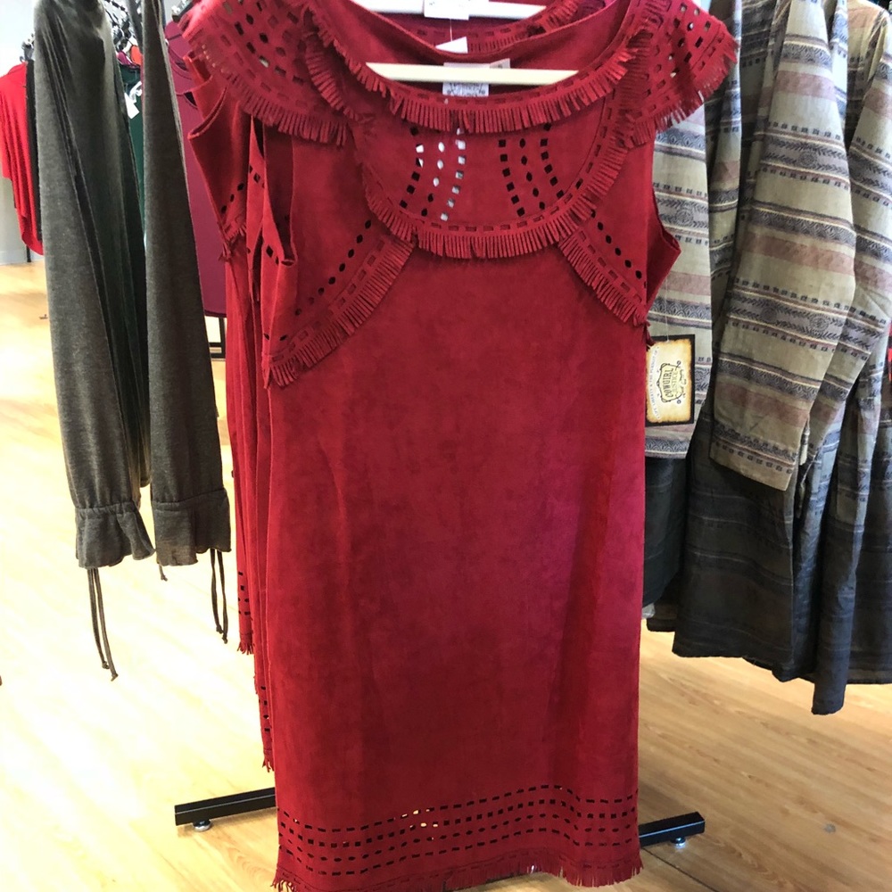 Cowgirl Justice Red fringe faux suede dress